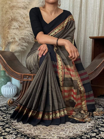 Narayanpet Pure Cotton Saree With Running Blouse Piece (Charcoal Grey) For Women