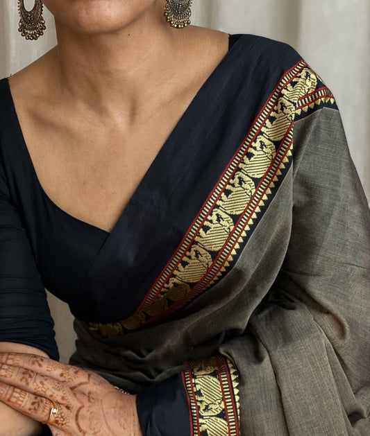Narayanpet Pure Cotton Saree With Running Blouse Piece (Charcoal Grey) For Women