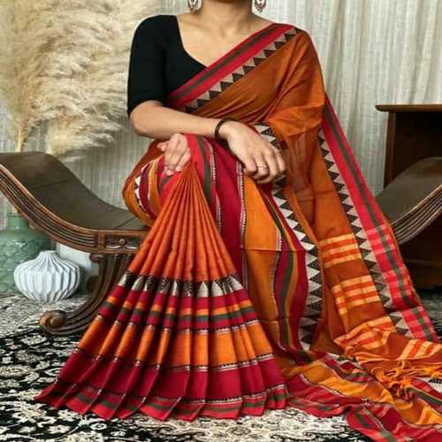 Deep Gold Rangoli Border Narayanpet Pure Handloom Cotton Sarees with Running blouse piece