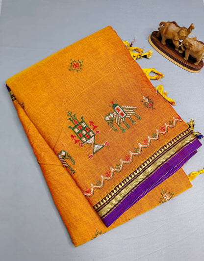Deep Gold kasuti Embroidered Narayanapet Pure Cotton saree