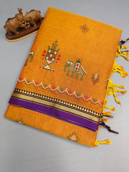 Deep Gold kasuti Embroidered Narayanapet Pure Cotton saree