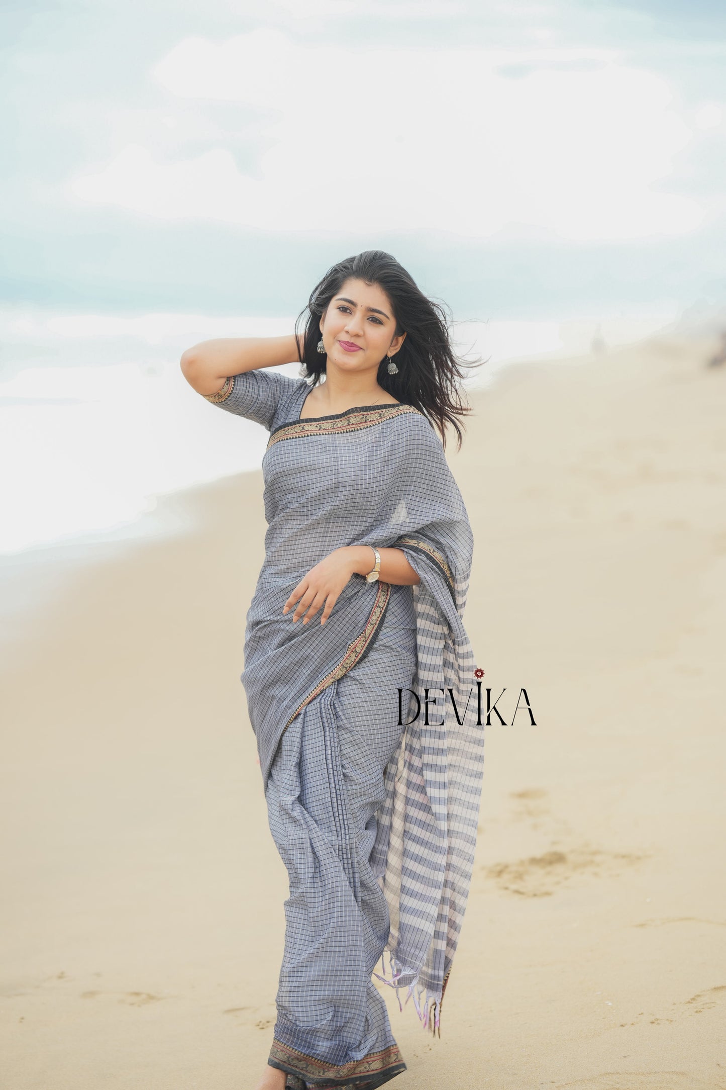 Deepali Grey checked Pattern Narayanpet Pure cotton saree