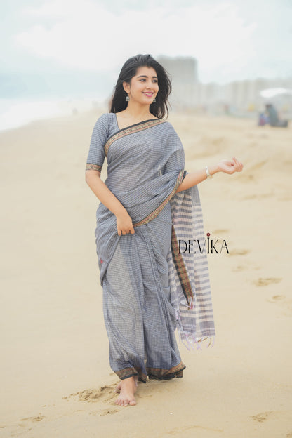 Deepali Grey checked Pattern Narayanpet Pure cotton saree