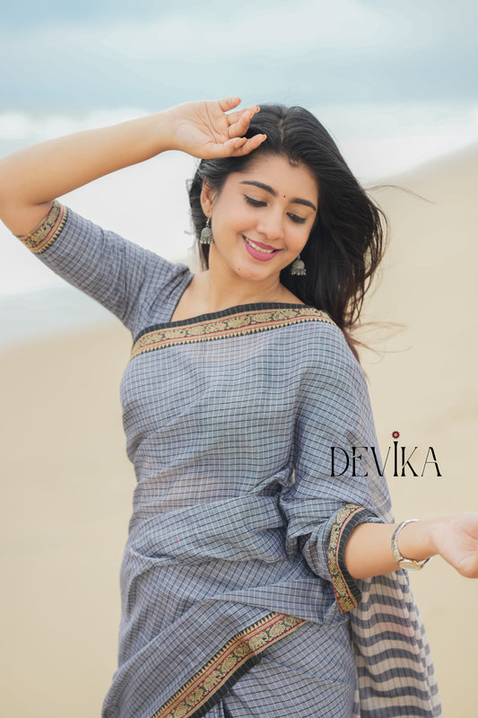 Deepali Grey checked Pattern Narayanpet Pure cotton saree