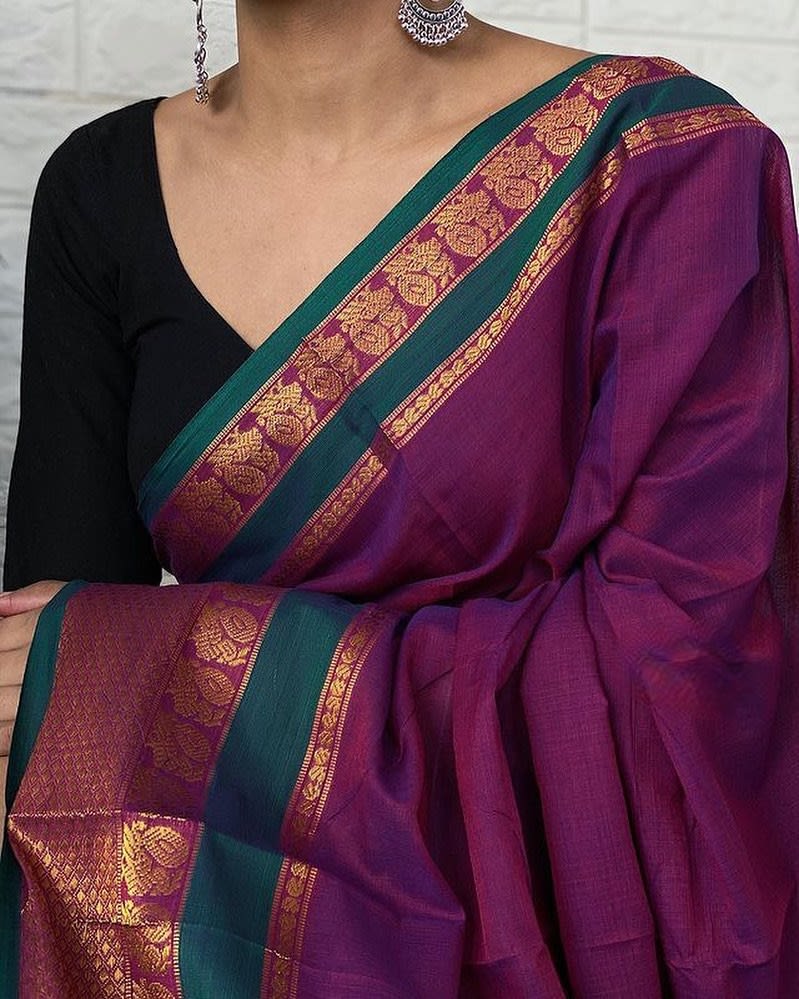 Double Shaded(Red+Violet) Peacock Border Narayanpet Pure Cotton saree with Running blouse piece (Magenta)