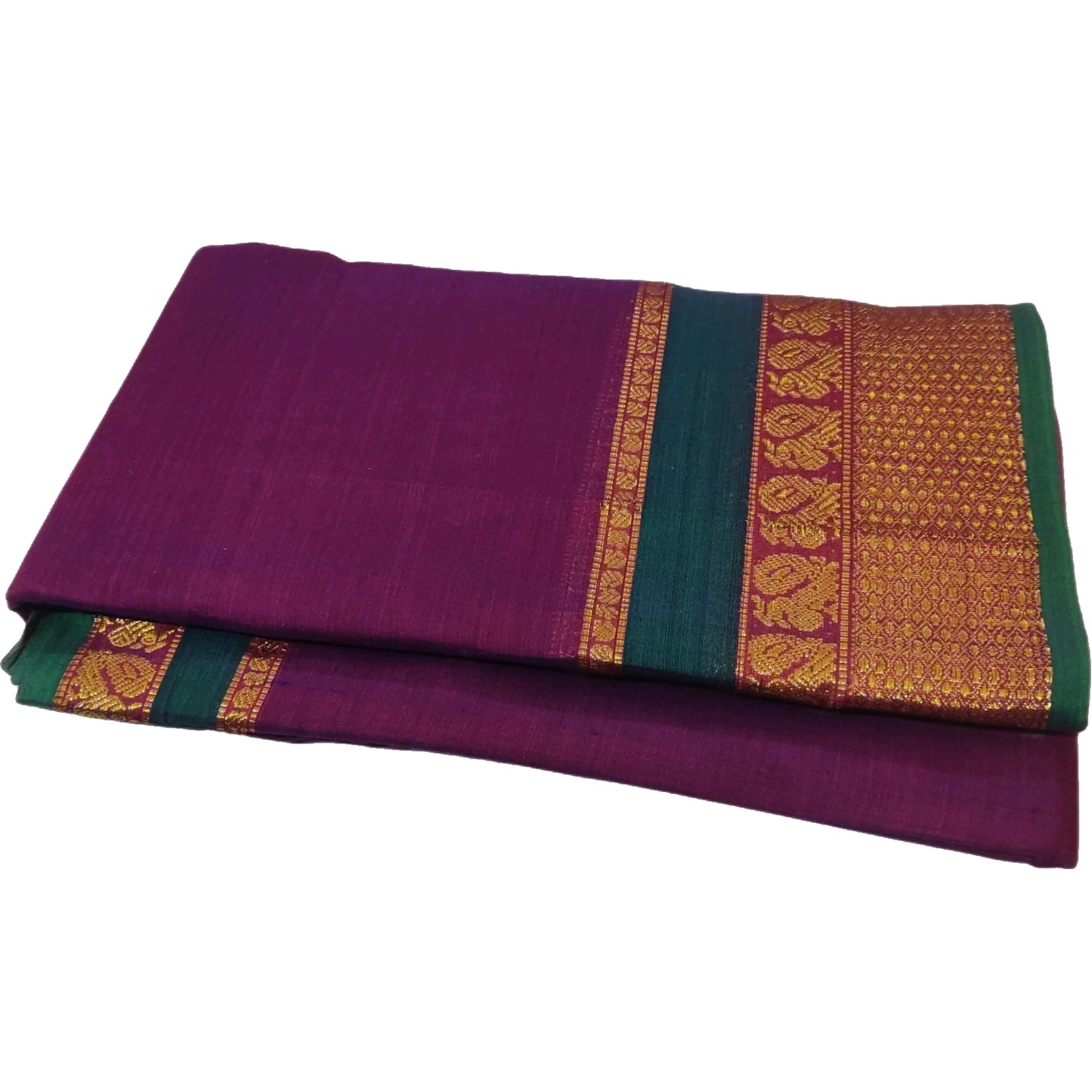 Double Shaded(Red+Violet) Peacock Border Narayanpet Pure Cotton saree with Running blouse piece (Magenta)