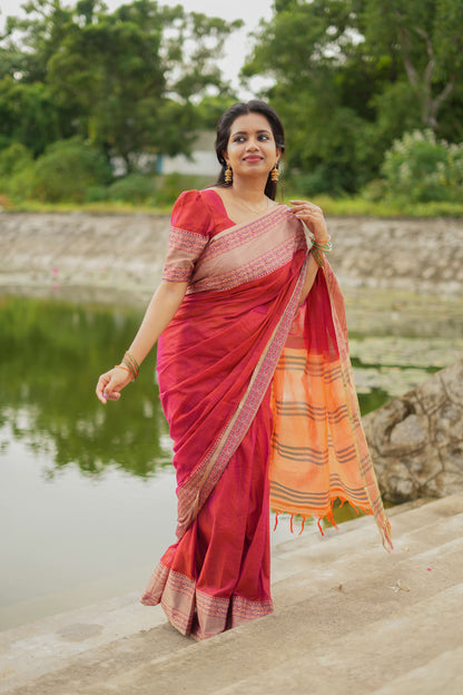 Dual Shaded Orangish Pink Madhuri Narayanpet Pure Cotton Saree
