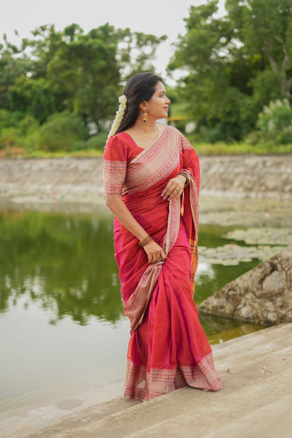Dual Shaded Orangish Pink Madhuri Narayanpet Pure Cotton Saree