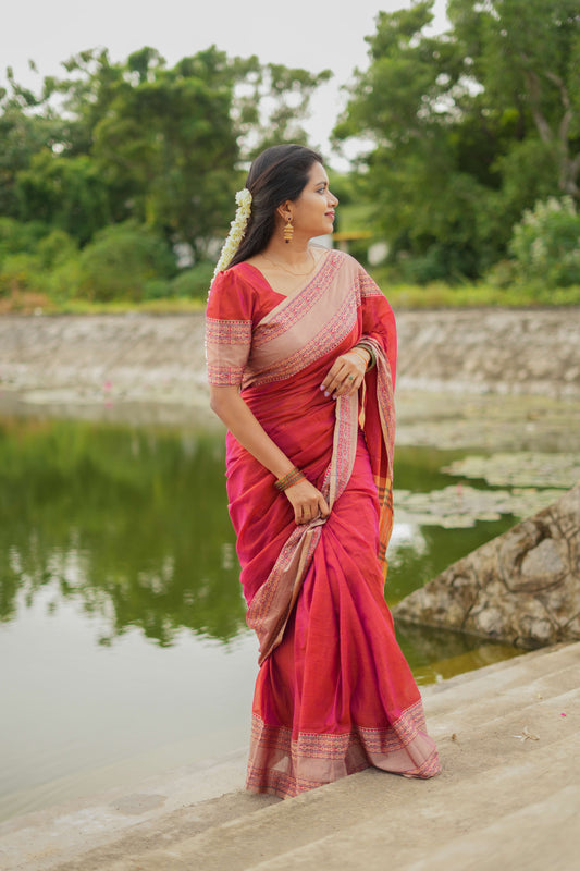 Dual Shaded Orangish Pink Madhuri Narayanpet Pure Cotton Saree
