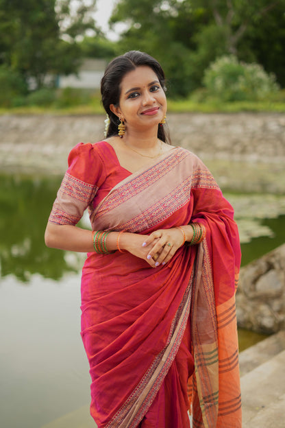 Dual Shaded Orangish Pink Madhuri Narayanpet Pure Cotton Saree