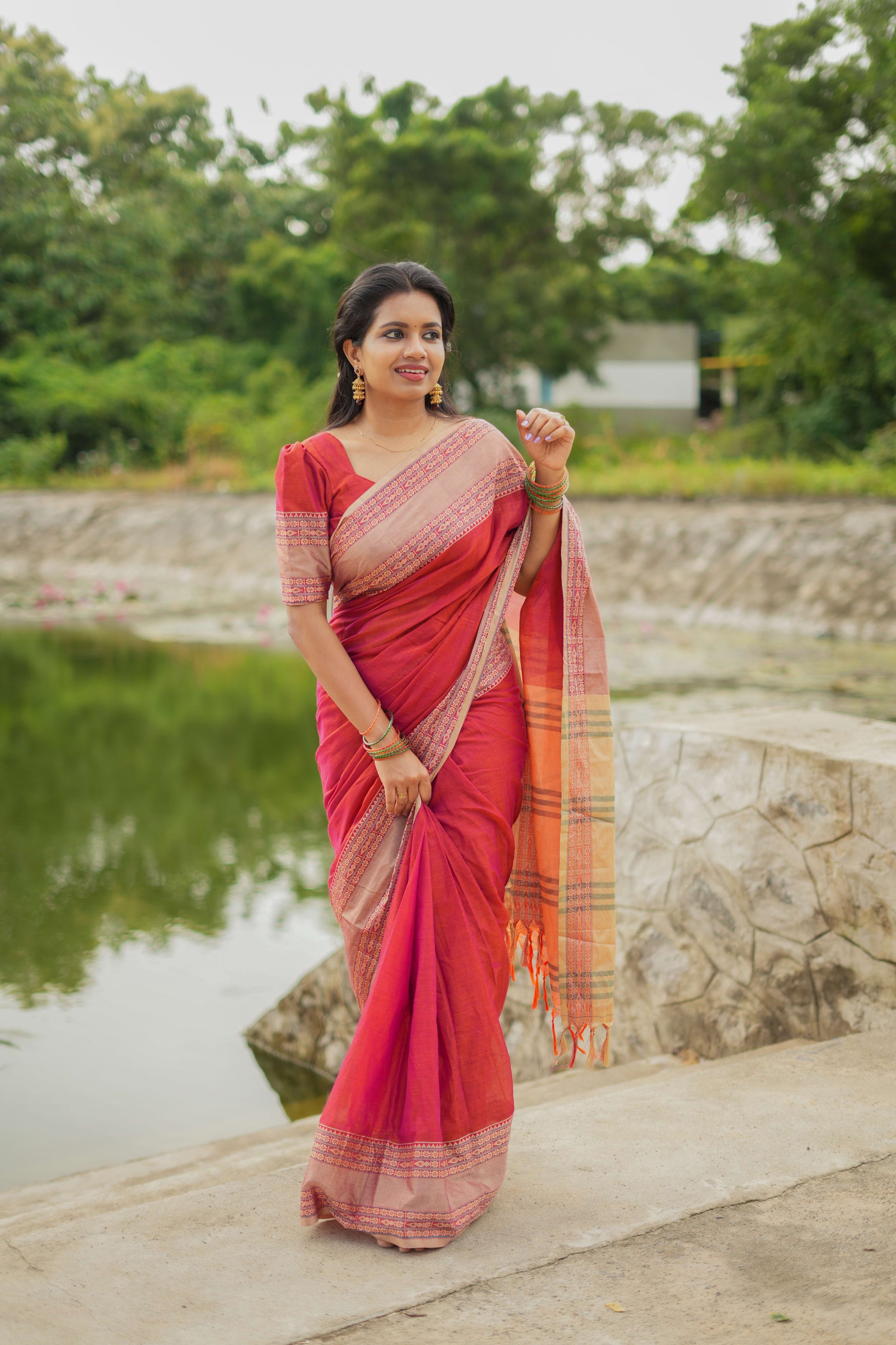 Dual Shaded Orangish Pink Madhuri Narayanpet Pure Cotton Saree