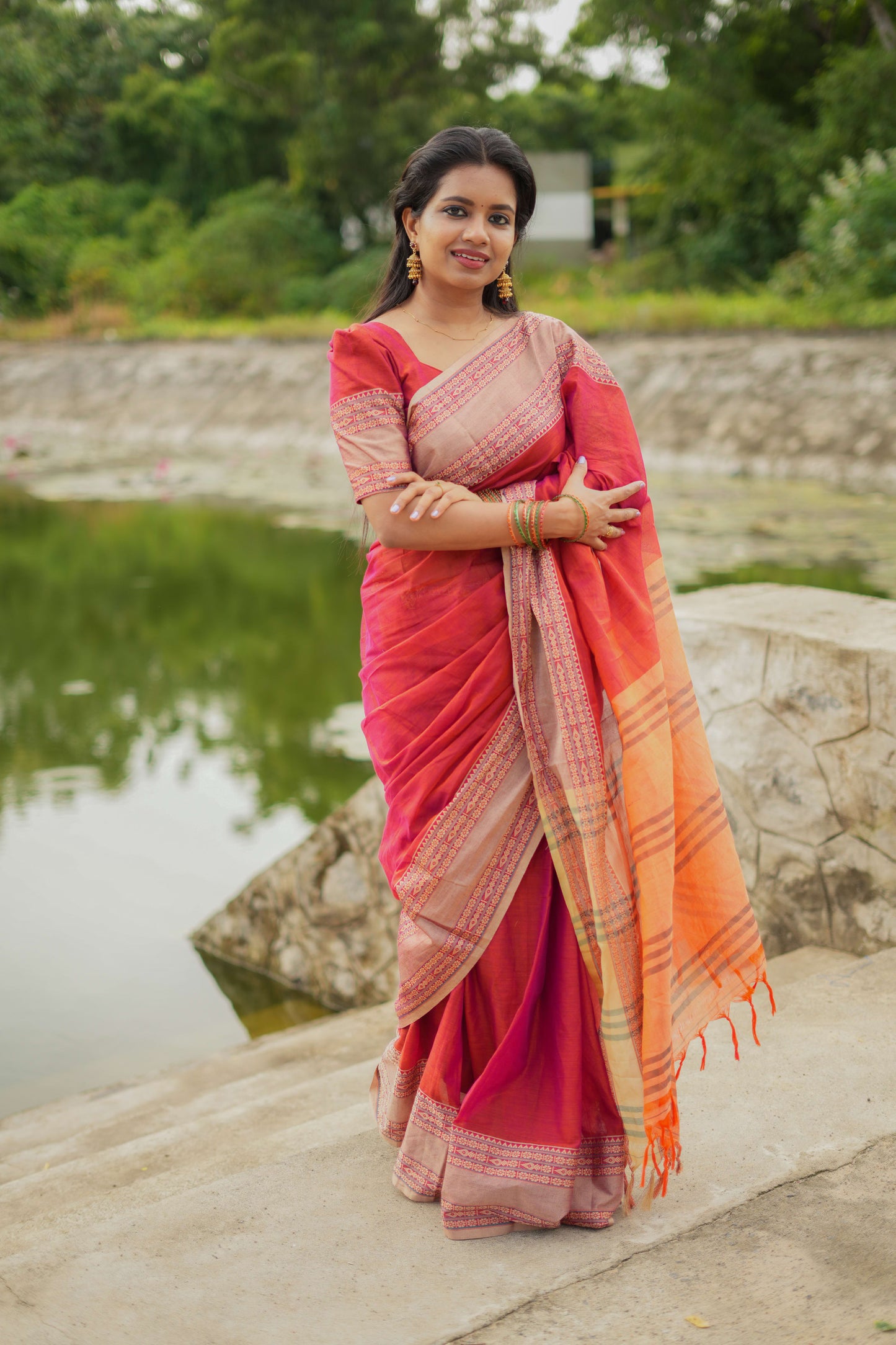 Dual Shaded Orangish Pink Madhuri Narayanpet Pure Cotton Saree