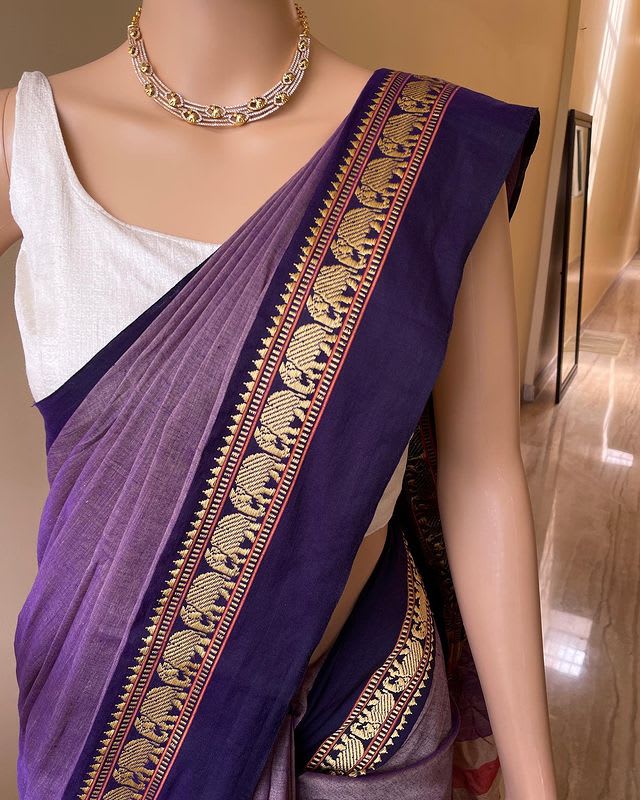 Dual Tone Bluish Grey Single Elephant Narayanpet Pure Cotton Saree with running blouse piece(Same as saree)