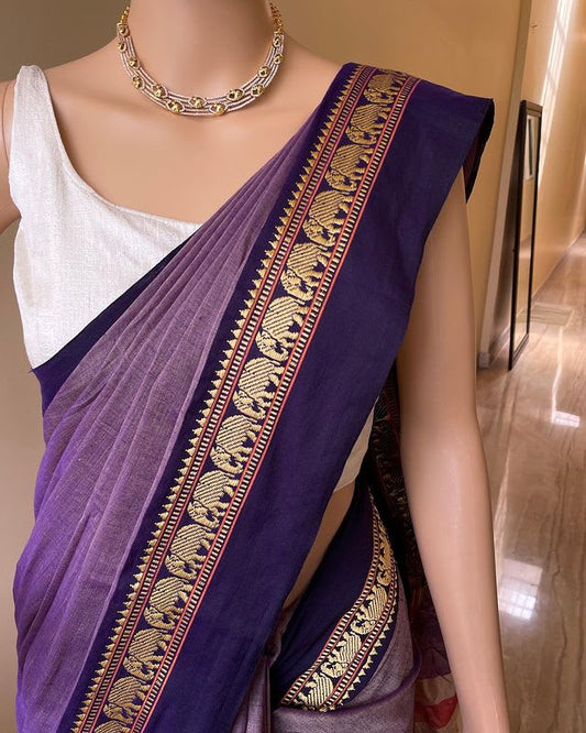 Dual Tone Bluish Grey Single Elephant Narayanpet Pure Cotton Saree with running blouse piece(Same as saree)