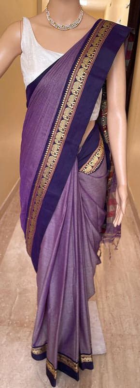 Dual Tone Bluish Grey Single Elephant Narayanpet Pure Cotton Saree with running blouse piece(Same as saree)