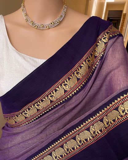 Dual Tone Bluish Grey Single Elephant Narayanpet Pure Cotton Saree with running blouse piece(Same as saree)