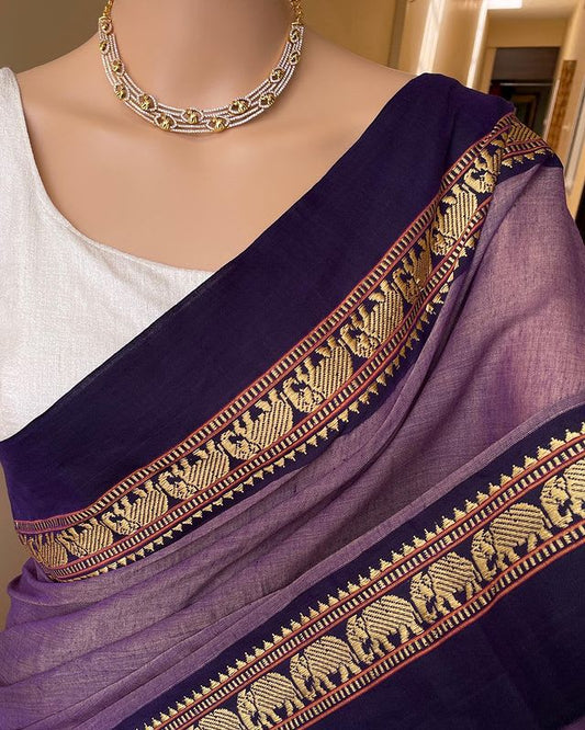 Dual Tone Bluish Grey Single Elephant Narayanpet Pure Cotton Saree with running blouse piece(Same as saree)