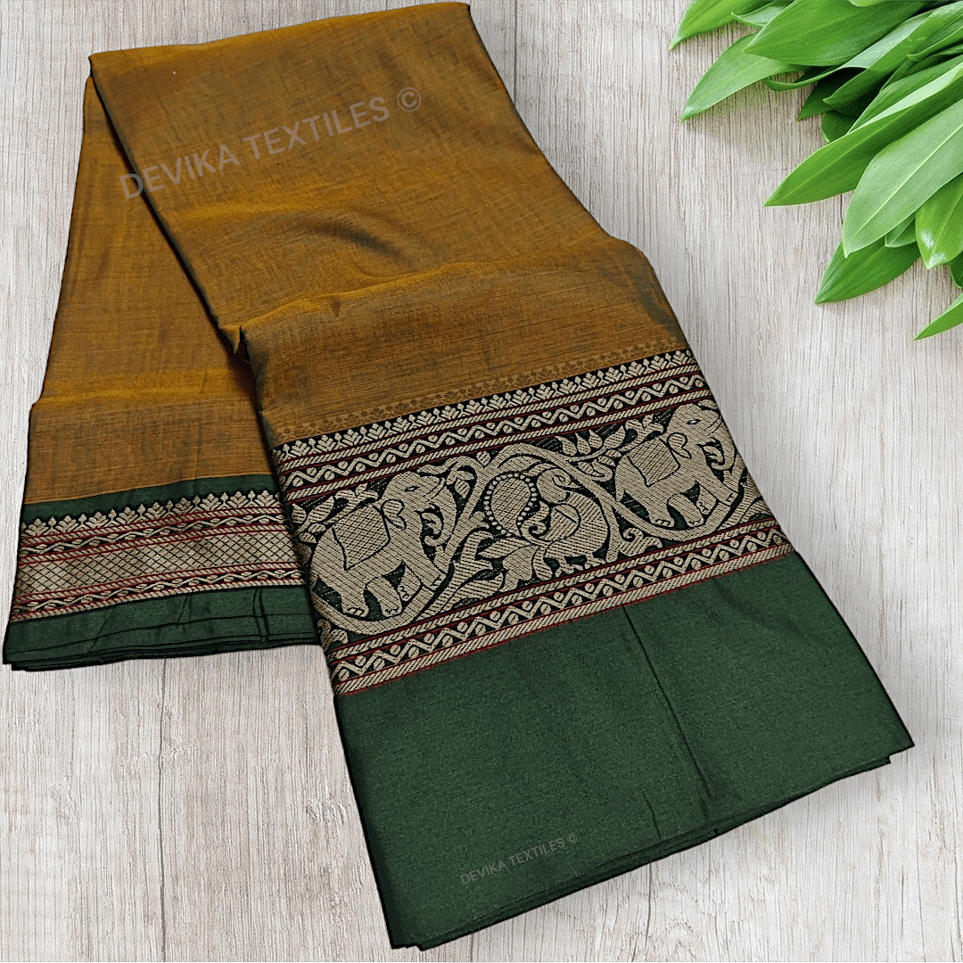 Dual Tone Mehandi Tanvi Thread Border Narayanpeth Pure Handloom Cotton saree with Running blouse piece (Same As Saree)
