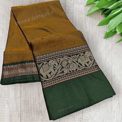 Dual Tone Mehandi Tanvi Thread Border Narayanpeth Pure Handloom Cotton saree with Running blouse piece (Same As Saree)