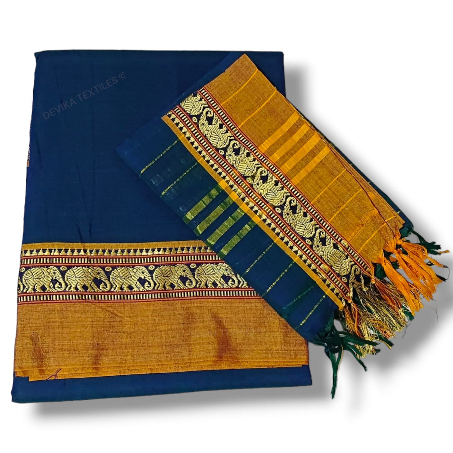 Dual Tone Rama Color Elephant Border Narayanapet Cotton Dress meterial