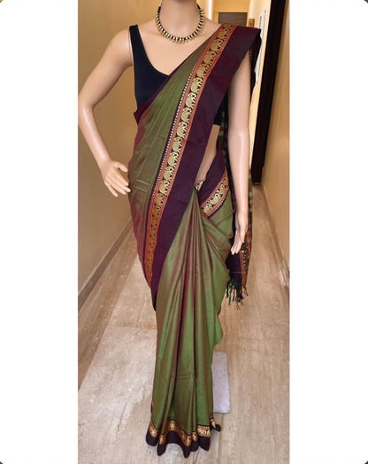 Elephant Border Narayanpet Pure Handloom Cotton Sarees with Running blouse piece(Seaweed Green)