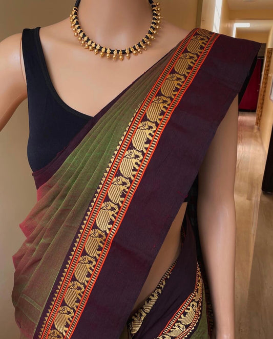 Elephant Border Narayanpet Pure Handloom Cotton Sarees with Running blouse piece(Seaweed Green)