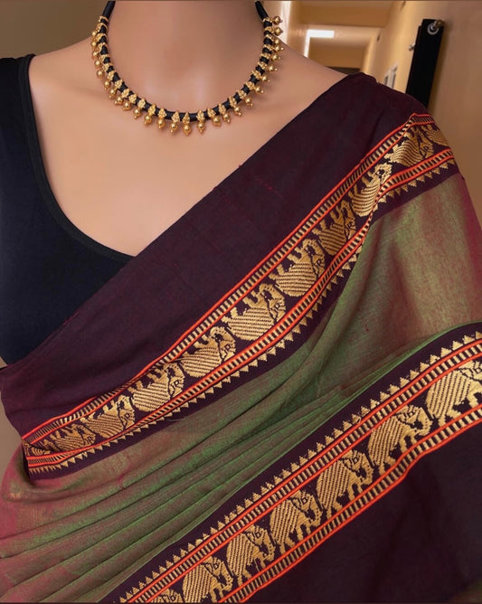 Elephant Border Narayanpet Pure Handloom Cotton Sarees with Running blouse piece(Seaweed Green)