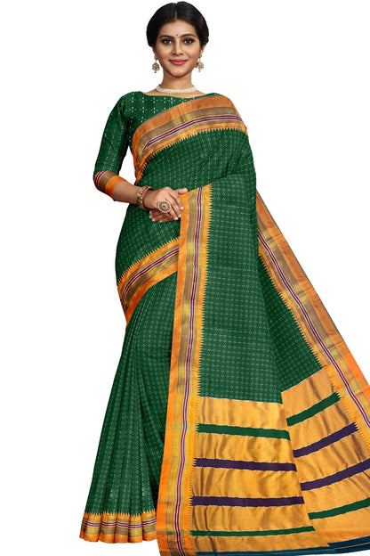 Green Cottonsilk Ilkal starplus pattern saree with running blouse piece(same as saree)