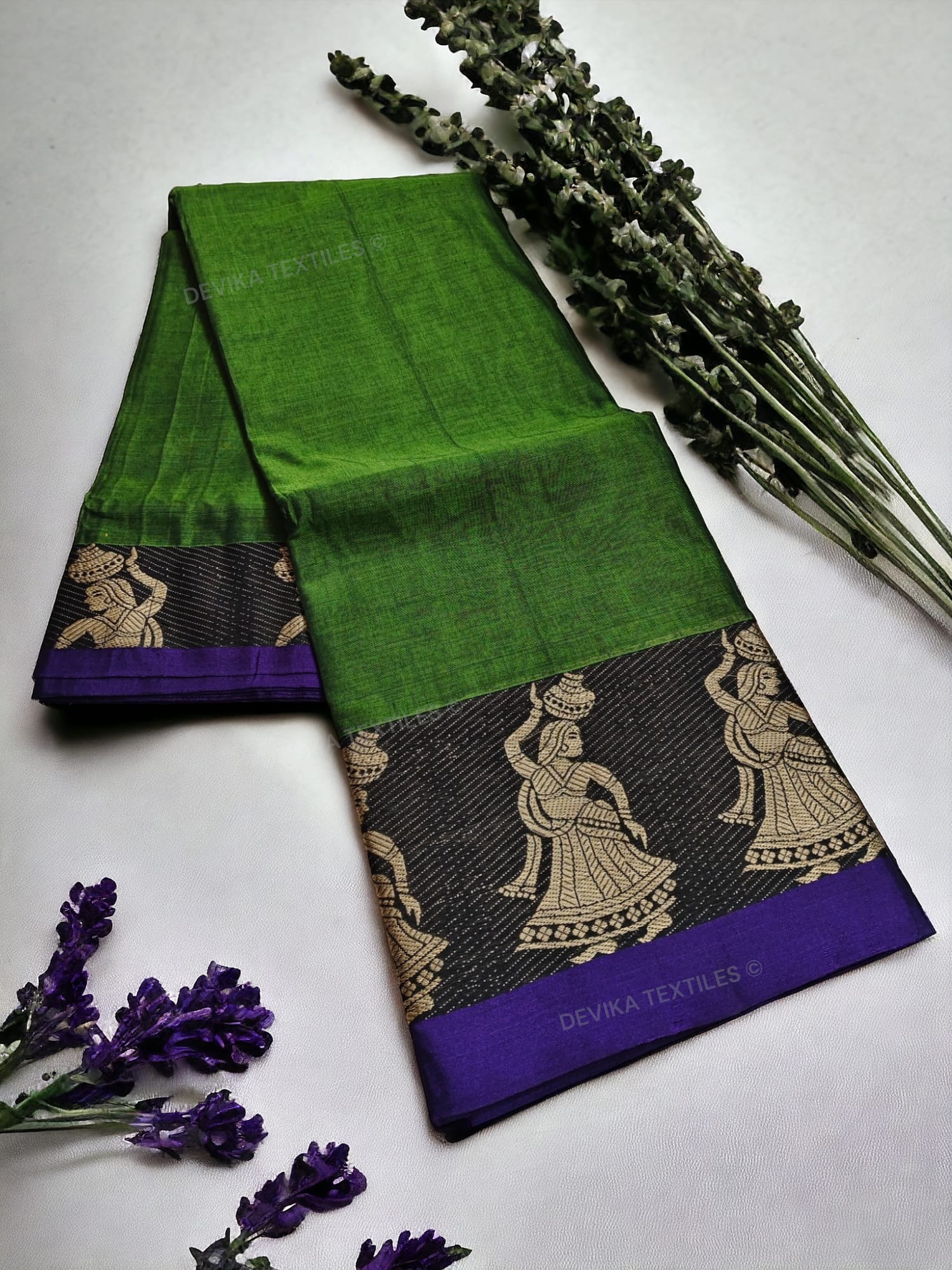 Green Dancing Doll Narayanpeth Pure Cotton saree with Running blouse (Same As Saree)