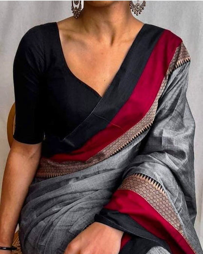 Grey Avani Border Narayanpet Pure Handloom Cotton Sarees with Running blouse piece