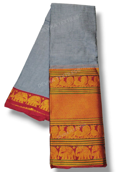 Grey Big Elephant Border Narayanpet Pure Cotton Saree with Running blouse piece