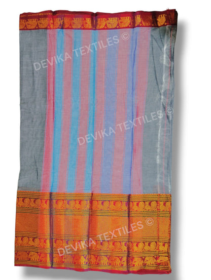 Grey Big Elephant Border Narayanpet Pure Cotton Saree with Running blouse piece