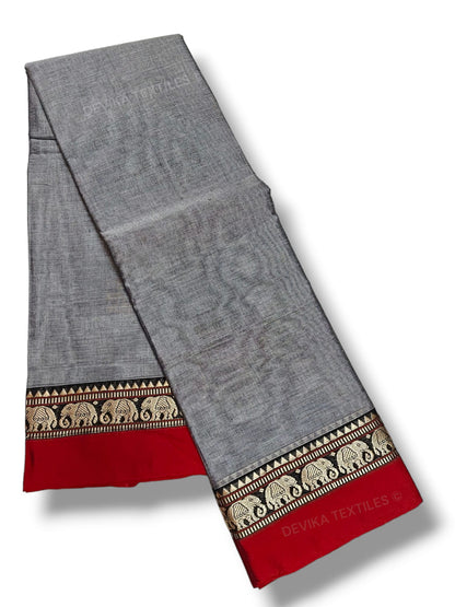 Grey Elephant Border Narayanapet Pure Cotton saree with running blouse piece (same as saree)