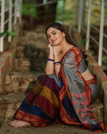 Grey Half Half Narayanpet Pure Cotton Sarees