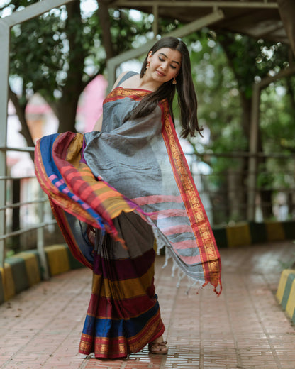 Grey Half Half Narayanpet Pure Cotton Sarees