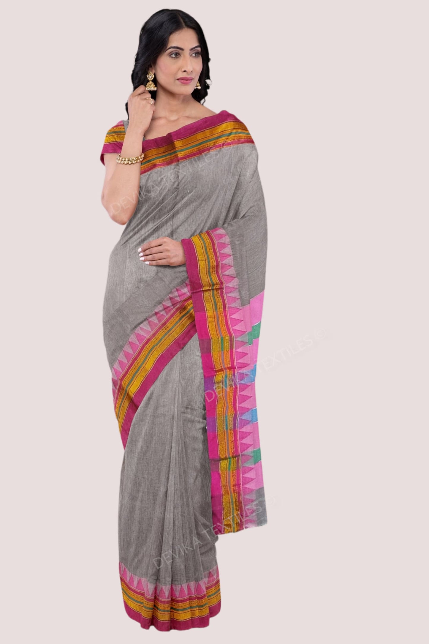 Grey Ilkal Cottonsilk M Border Saree with Running blouse piece