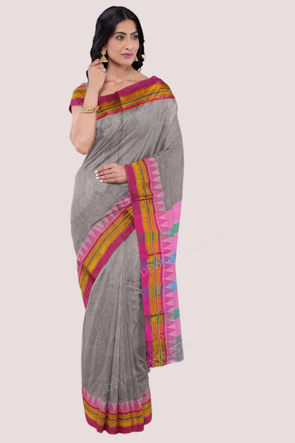 Grey Ilkal Cottonsilk M Border Saree with Running blouse piece