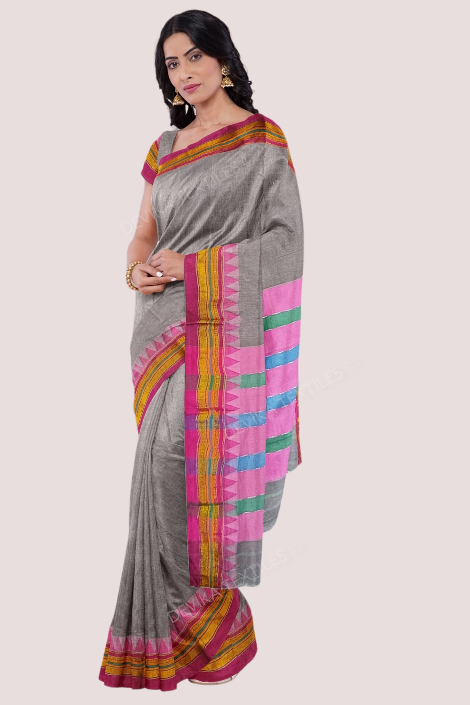 Grey Ilkal Cottonsilk M Border Saree with Running blouse piece