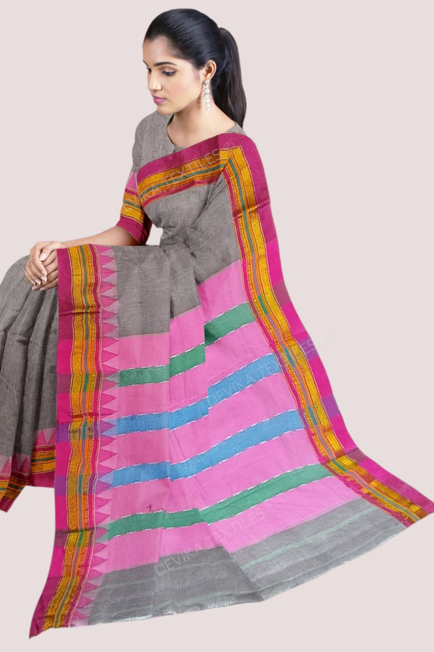 Grey Ilkal Cottonsilk M Border Saree with Running blouse piece