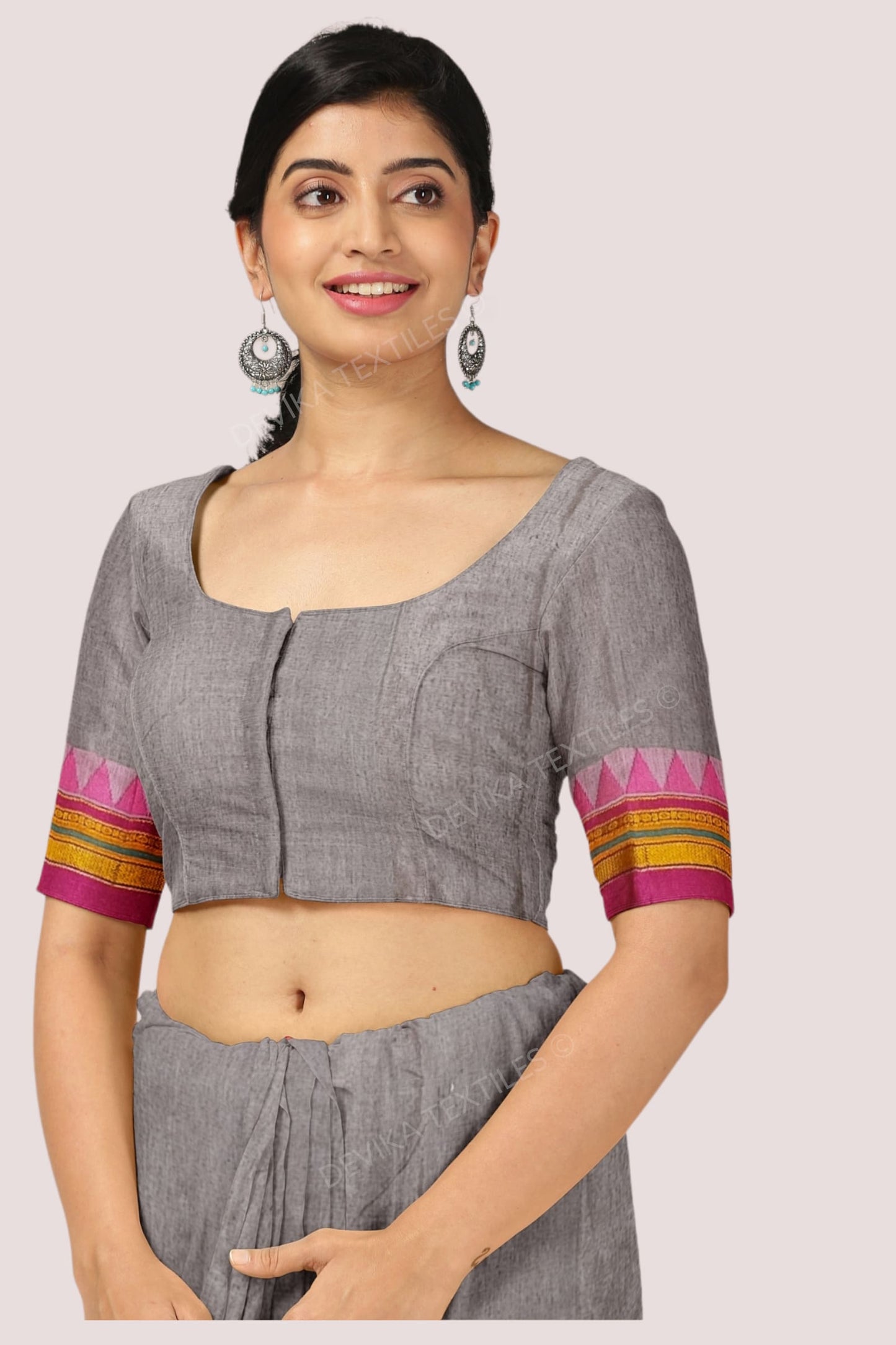 Grey Ilkal Cottonsilk M Border Saree with Running blouse piece