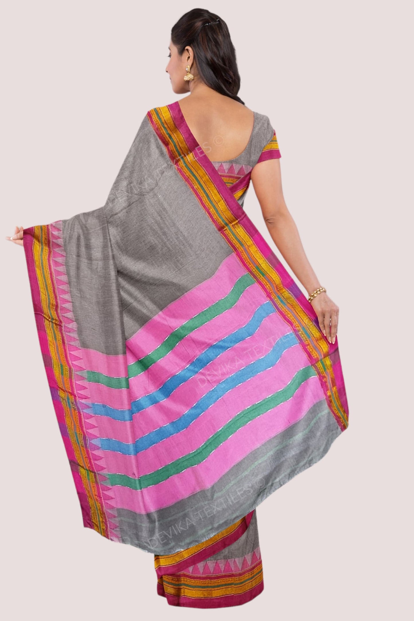 Grey Ilkal Cottonsilk M Border Saree with Running blouse piece