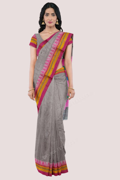Grey Ilkal Cottonsilk M Border Saree with Running blouse piece