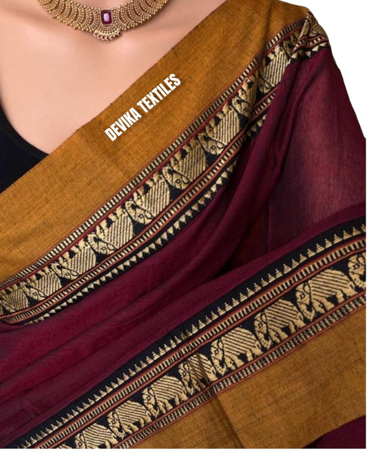 Pure Handloom Narayanpeth Cotton Saree With Running Blouse Piece (Maroon) For Women