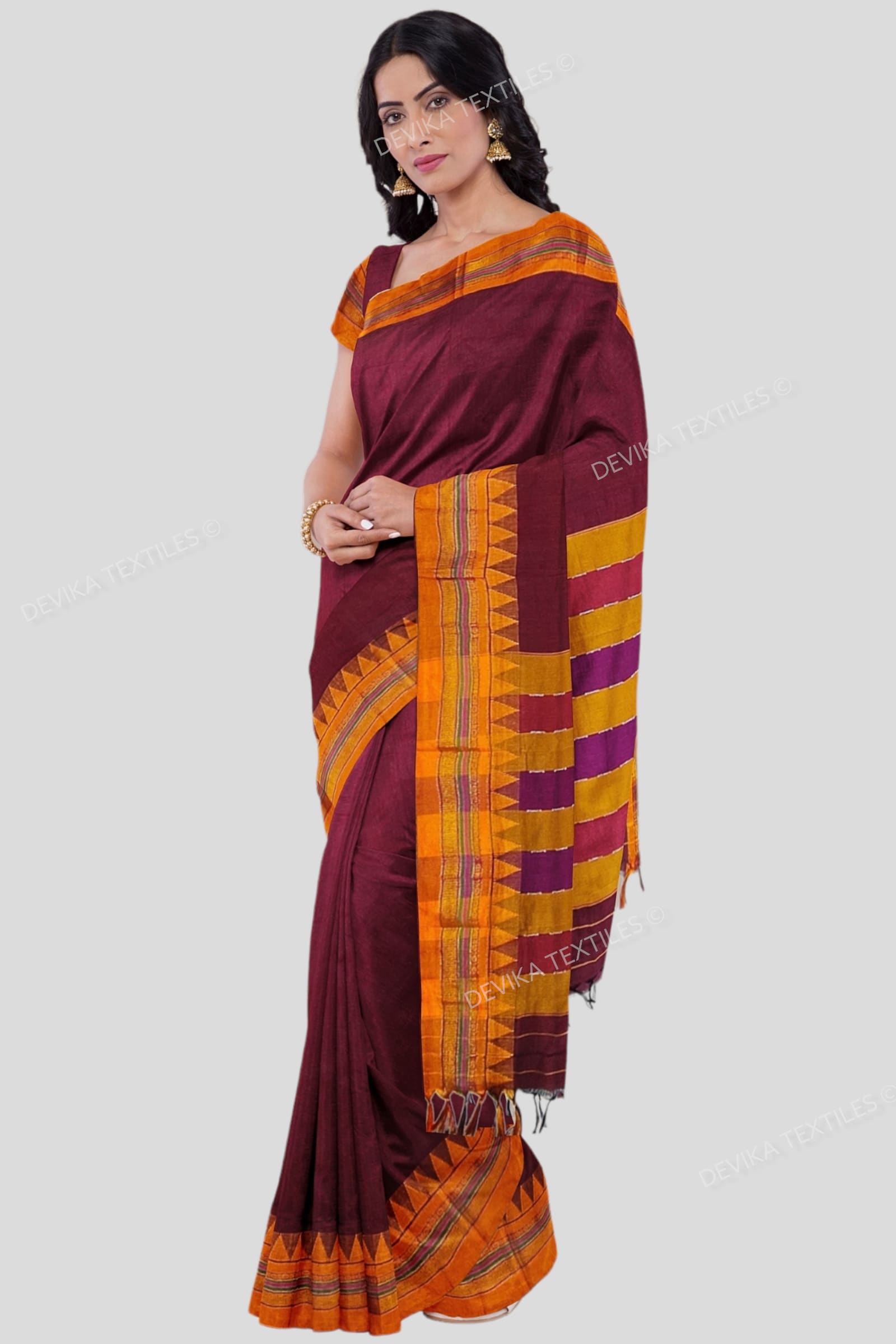 ILKAL COTTONSILK MAROON M BORDER SAREE WITH RUNNING BLOUSE PIECE