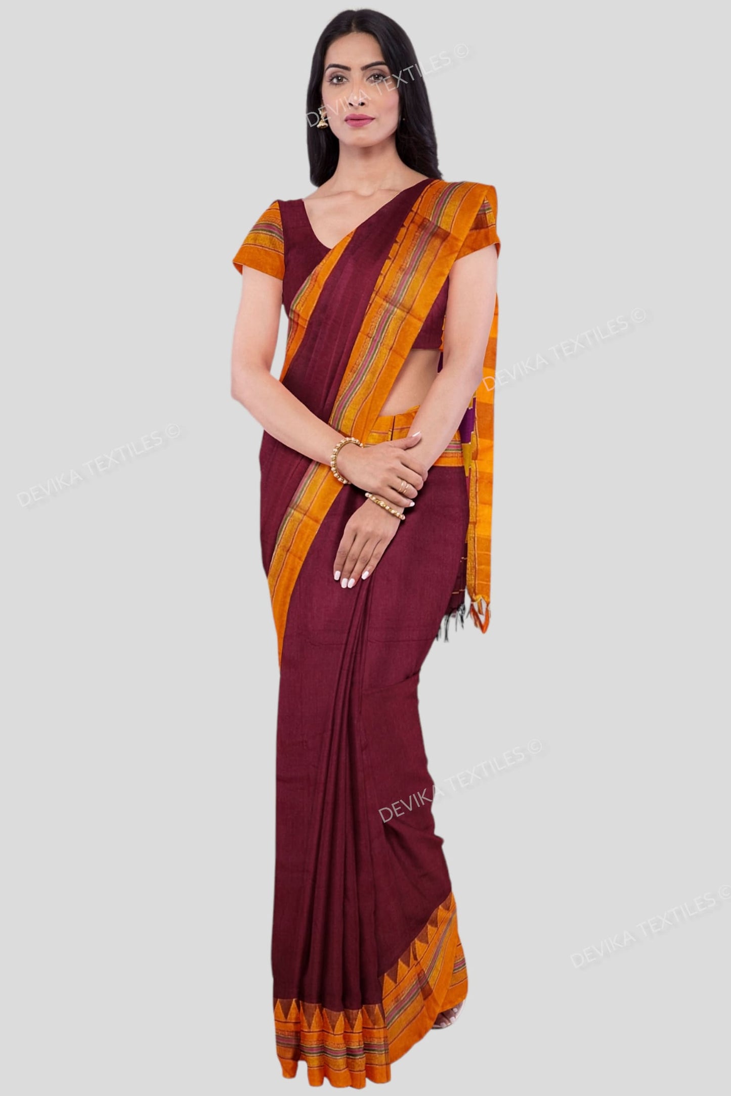 ILKAL COTTONSILK MAROON M BORDER SAREE WITH RUNNING BLOUSE PIECE