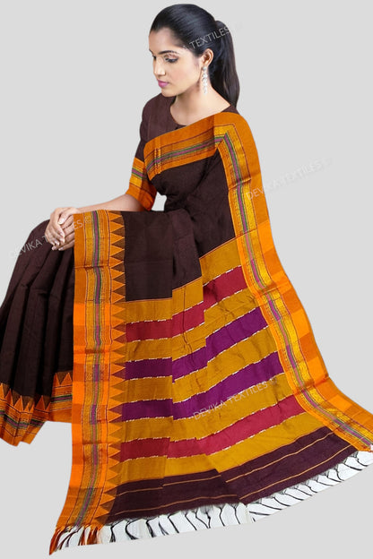 Ilkal Coffee Color M border Cotton silk saree with Running blouse piece