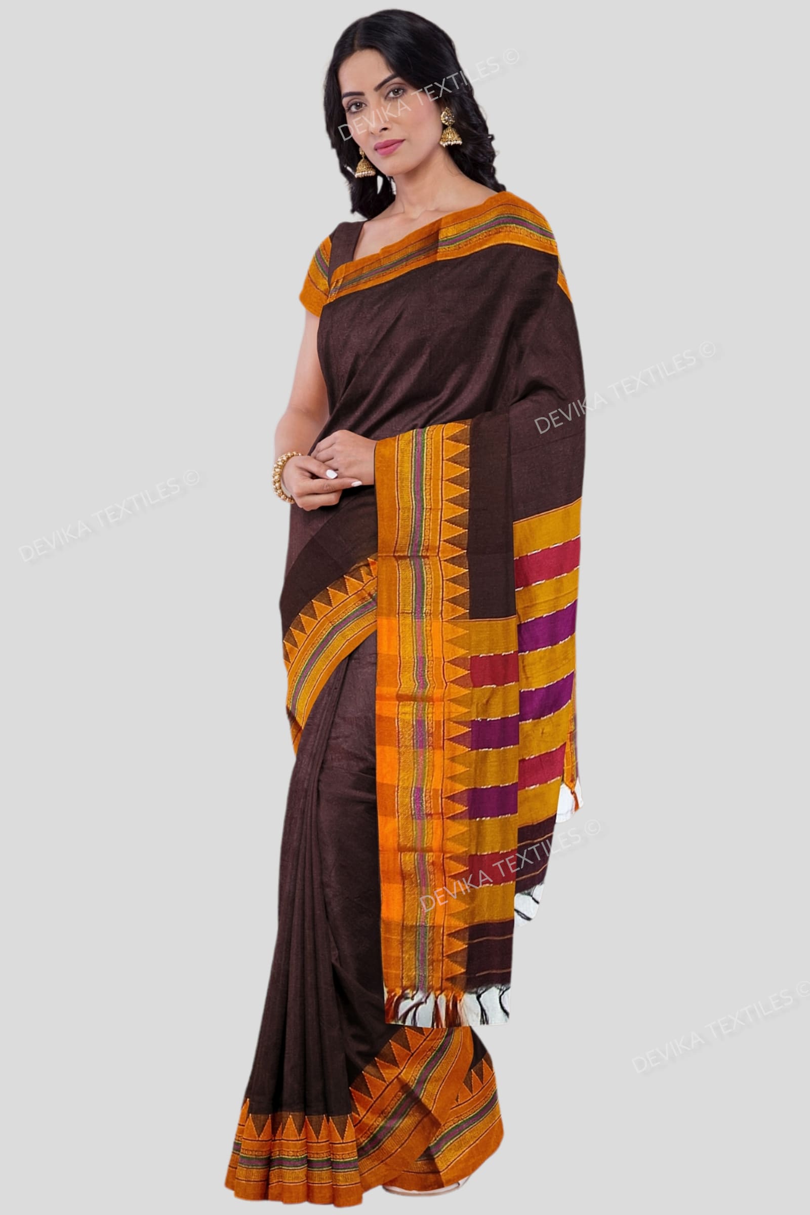 Ilkal Coffee Color M border Cotton silk saree with Running blouse piece