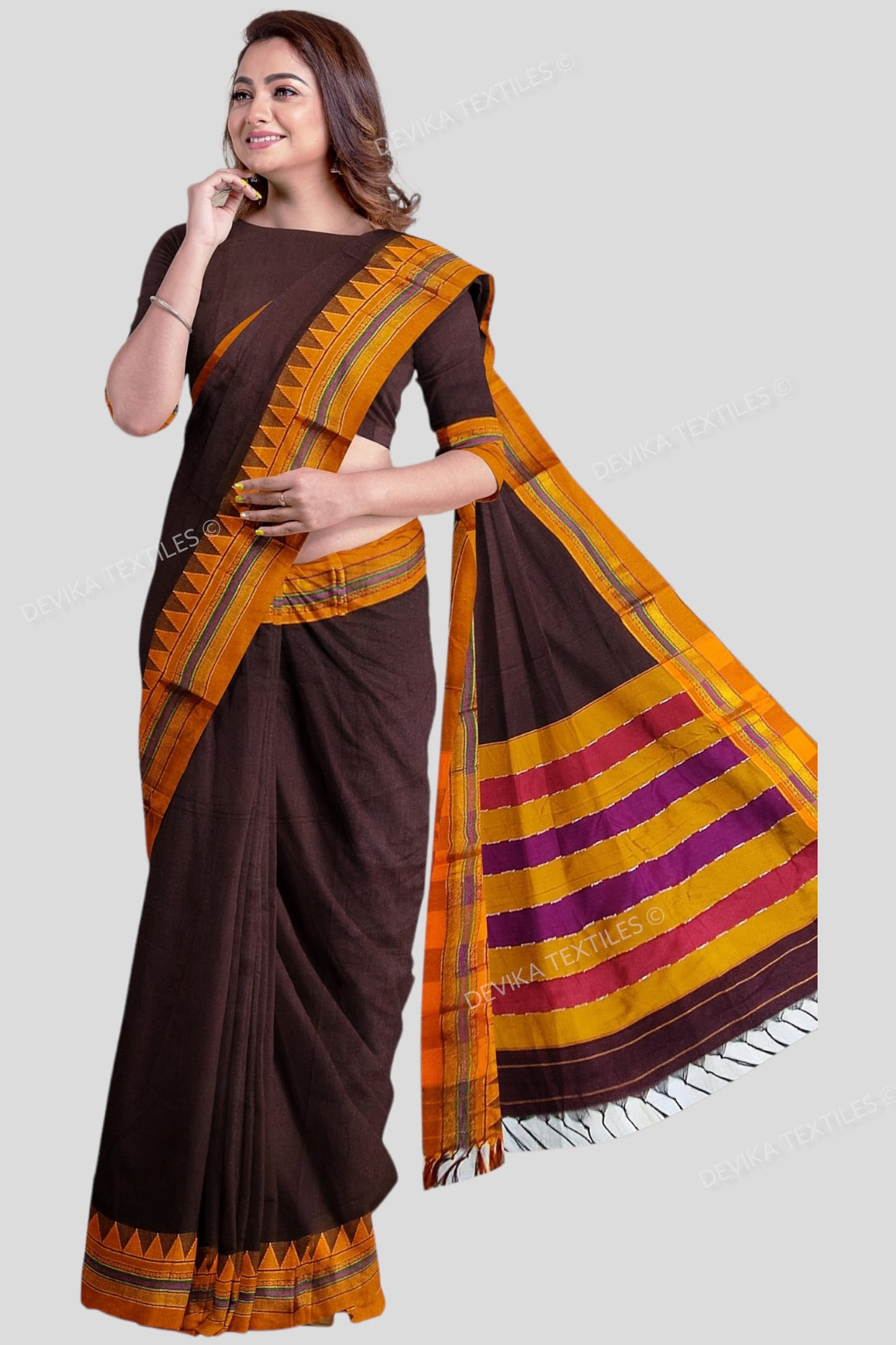 Ilkal Coffee Color M border Cotton silk saree with Running blouse piece