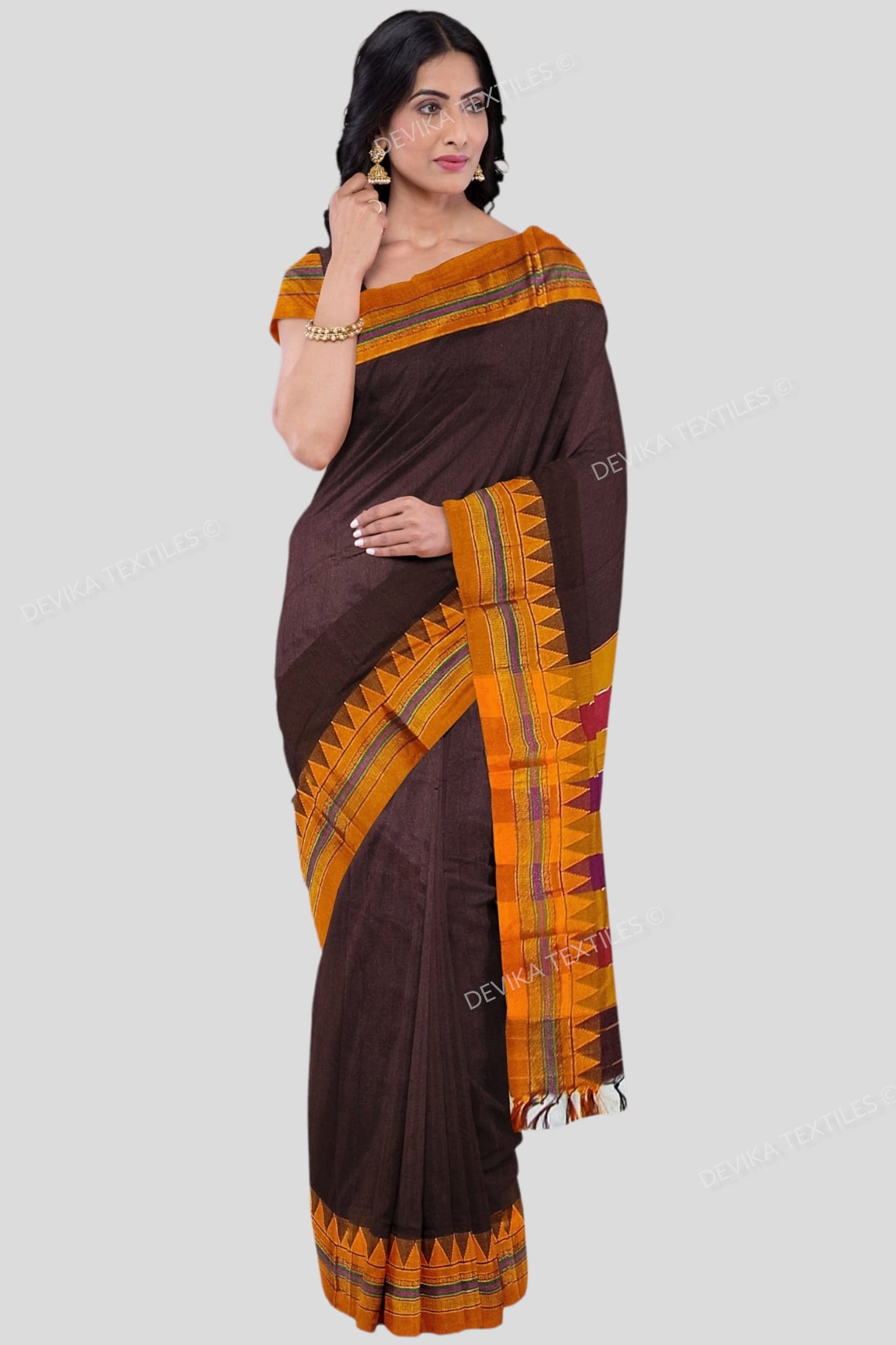 Ilkal Coffee Color M border Cotton silk saree with Running blouse piece