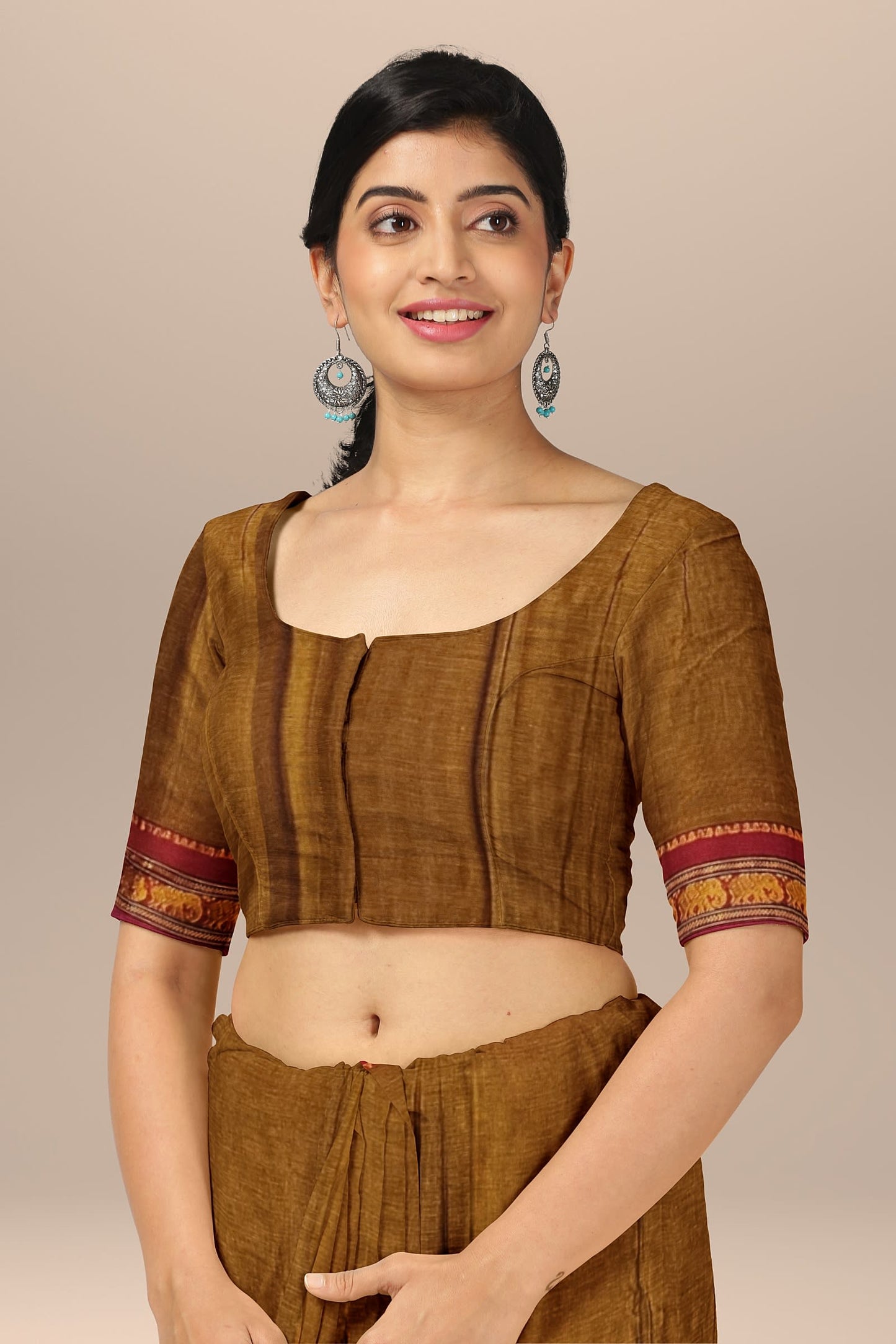 Khaki Single Elephant Jari Border Narayanpet Pure Handloom Cotton Saree with Running blouse piece